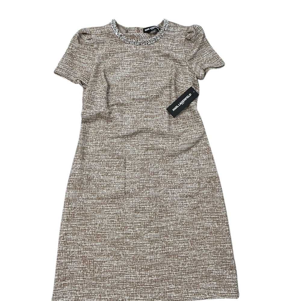 Karl‎ Lagerfeld Textured Brown and Cream Midi Dress NWT Zip Back Front Pockets 4